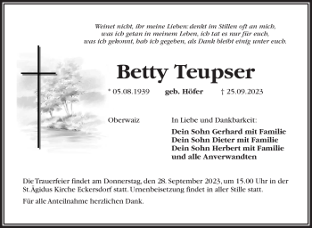 Anzeige von Betty Teubser von Nordbayerischer Kurier