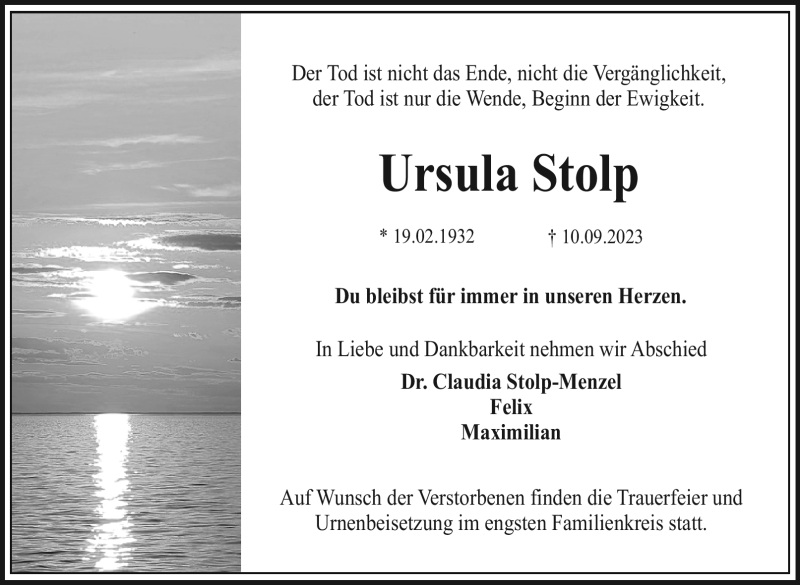  Traueranzeige für Ursula Stolp vom 16.09.2023 aus Nordbayerischer Kurier