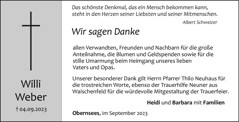  Traueranzeige für Willi Weber vom 30.09.2023 aus Nordbayerischer Kurier
