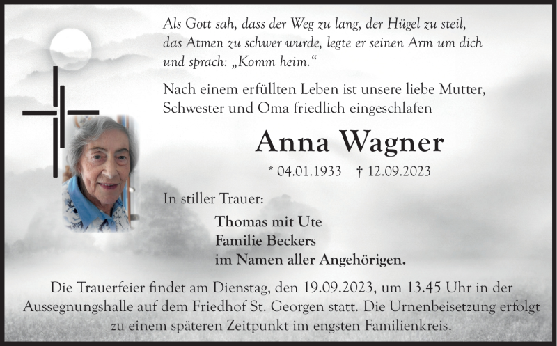  Traueranzeige für Anna Wagner vom 16.09.2023 aus Nordbayerischer Kurier