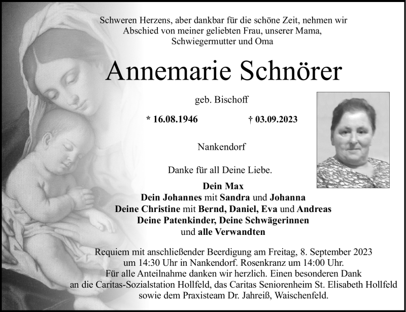  Traueranzeige für Annemarie Schnörer vom 06.09.2023 aus Nordbayerischer Kurier