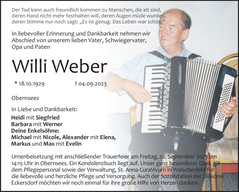  Traueranzeige für Willi Weber vom 16.09.2023 aus Nordbayerischer Kurier