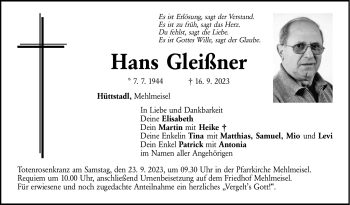 Anzeige von Hans Gleißner von Nordbayerischer Kurier