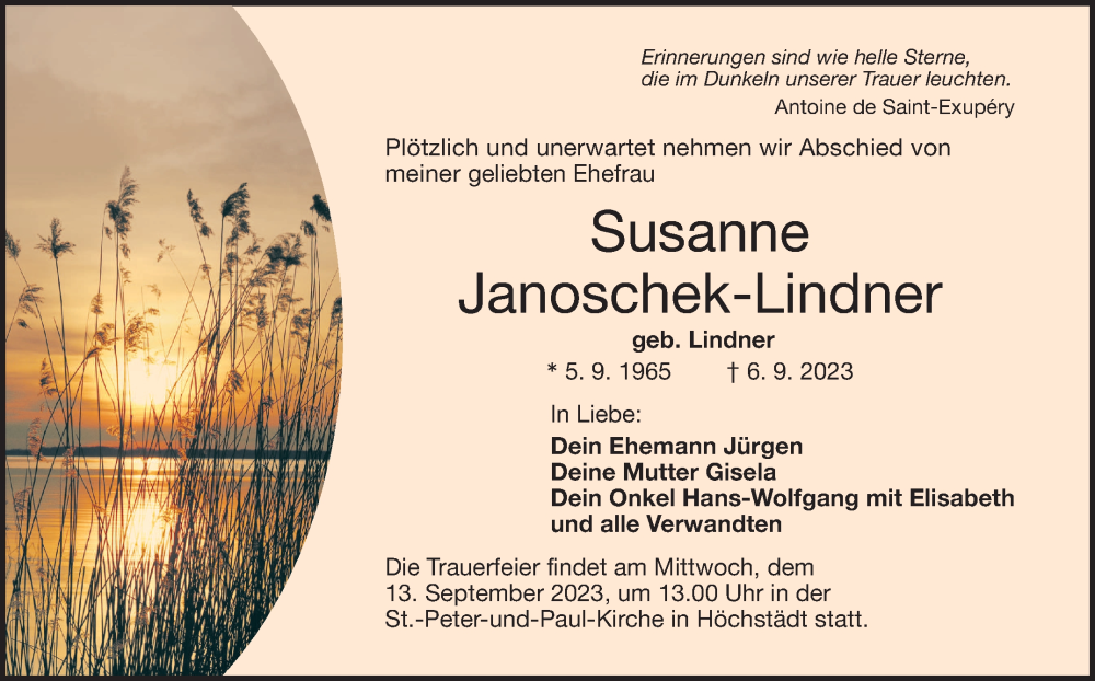  Traueranzeige für Susanne Janoschek-Lindner vom 09.09.2023 aus Nordbayerischer Kurier
