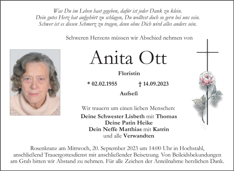  Traueranzeige für Anita Ott vom 18.09.2023 aus Nordbayerischer Kurier