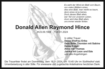 Anzeige von Donald Allen Raymond Hince von Nordbayerischer Kurier