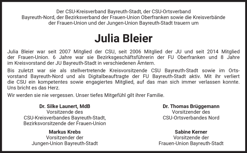  Traueranzeige für Julia Bleier vom 20.01.2024 aus Nordbayerischer Kurier