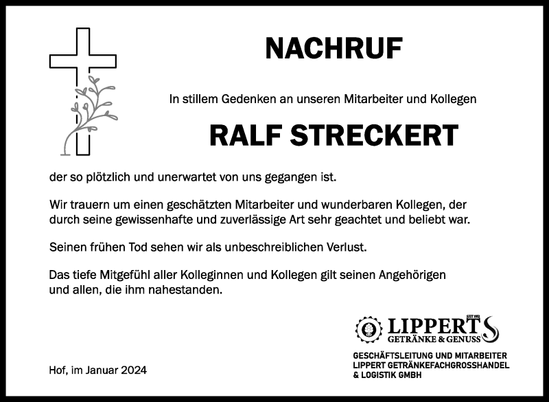  Traueranzeige für Ralf Streckert vom 27.01.2024 aus Nordbayerischer Kurier