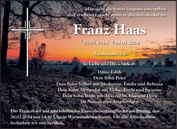 Traueranzeigen von Franz Haas Nordbayerischer Kurier