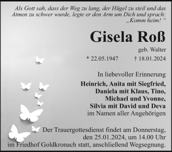 Anzeige von Gisela Roß von Nordbayerischer Kurier