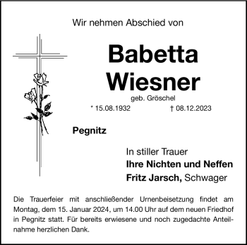 Anzeige von Babetta Wiesner von Nordbayerischer Kurier