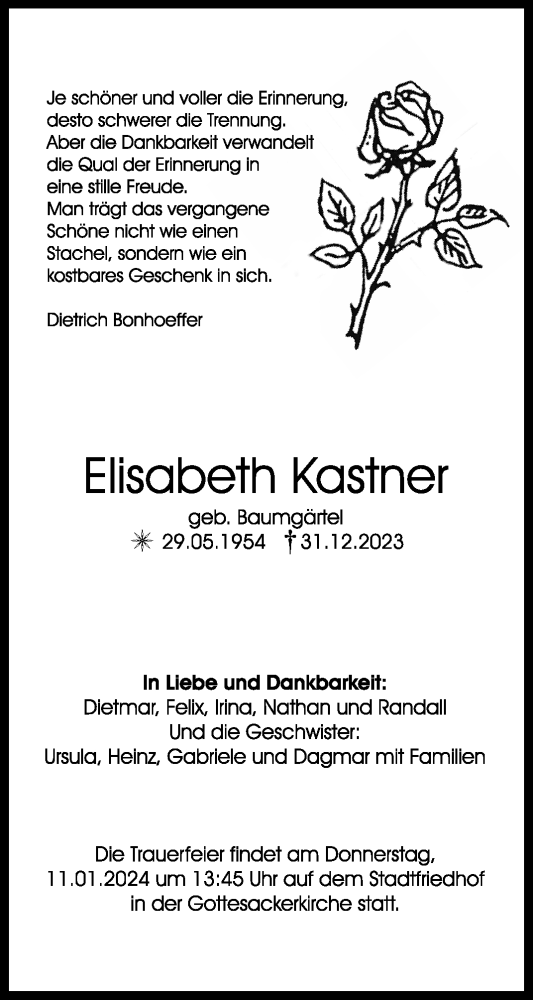  Traueranzeige für Elisabeth Kastner vom 05.01.2024 aus Nordbayerischer Kurier