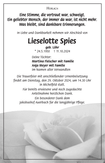 Anzeige von Lieselotte Spies von Nordbayerischer Kurier