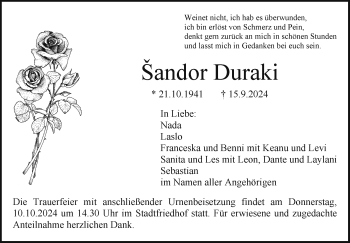 Anzeige von Sandor Duraki von Nordbayerischer Kurier