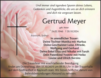 Anzeige von Gertrud Meyer von Nordbayerischer Kurier