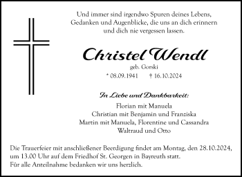 Anzeige von Christel Wendl von Nordbayerischer Kurier