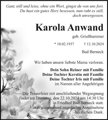 Anzeige von Karola Anwand von Nordbayerischer Kurier