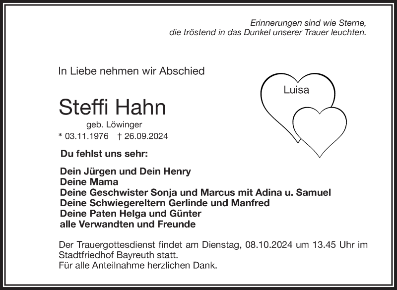  Traueranzeige für Stefanie Hahn vom 05.10.2024 aus Nordbayerischer Kurier