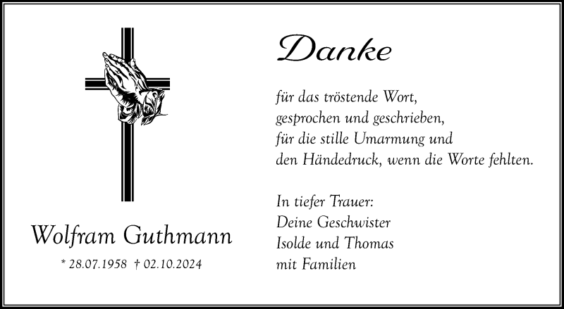  Traueranzeige für Wolfram Guthmann vom 19.10.2024 aus Nordbayerischer Kurier