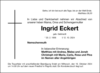 Anzeige von Ingrid Eckert von Nordbayerischer Kurier