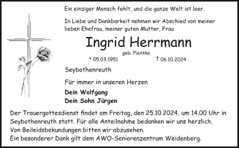 Anzeige von Ingrid Herrmann von Nordbayerischer Kurier