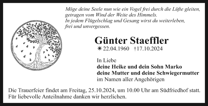  Traueranzeige für Günter Staeffler vom 22.10.2024 aus Nordbayerischer Kurier