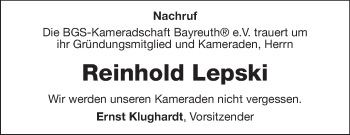 Anzeige von Reinhold Lepski von Nordbayerischer Kurier