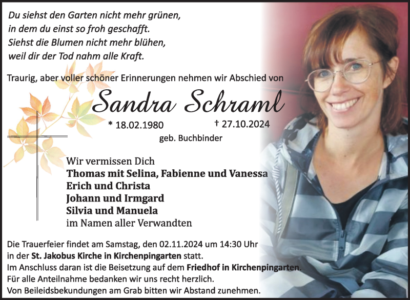  Traueranzeige für Sandra Schraml vom 30.10.2024 aus Nordbayerischer Kurier