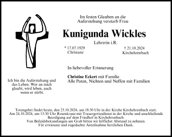 Anzeige von Kunigunda Wickles von Nordbayerischer Kurier