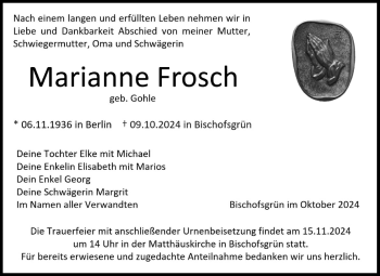 Anzeige von Marianne Frosch von Nordbayerischer Kurier