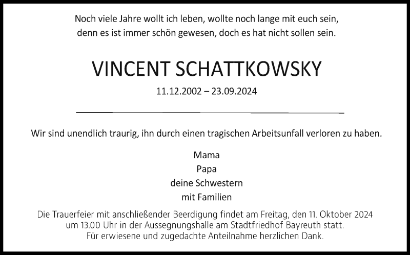  Traueranzeige für Vincent Schattkowsky vom 05.10.2024 aus Nordbayerischer Kurier