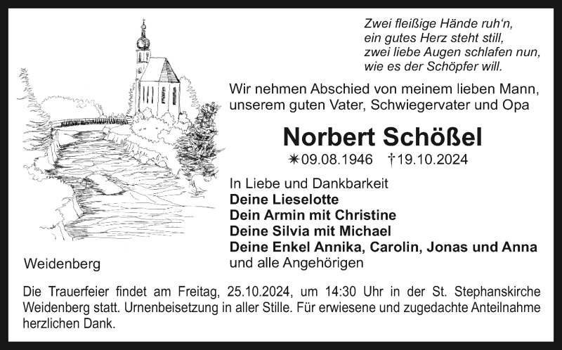  Traueranzeige für Norbert Schößel vom 23.10.2024 aus Nordbayerischer Kurier