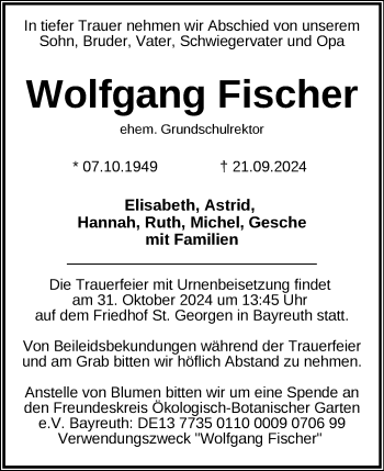 Anzeige von Wolfgang Fischer von Nordbayerischer Kurier