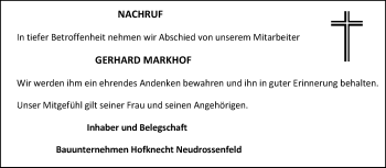 Anzeige von Gerhard Markhof von Nordbayerischer Kurier