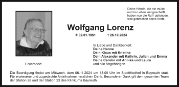 Anzeige von Wolfgang Lorenz von Nordbayerischer Kurier