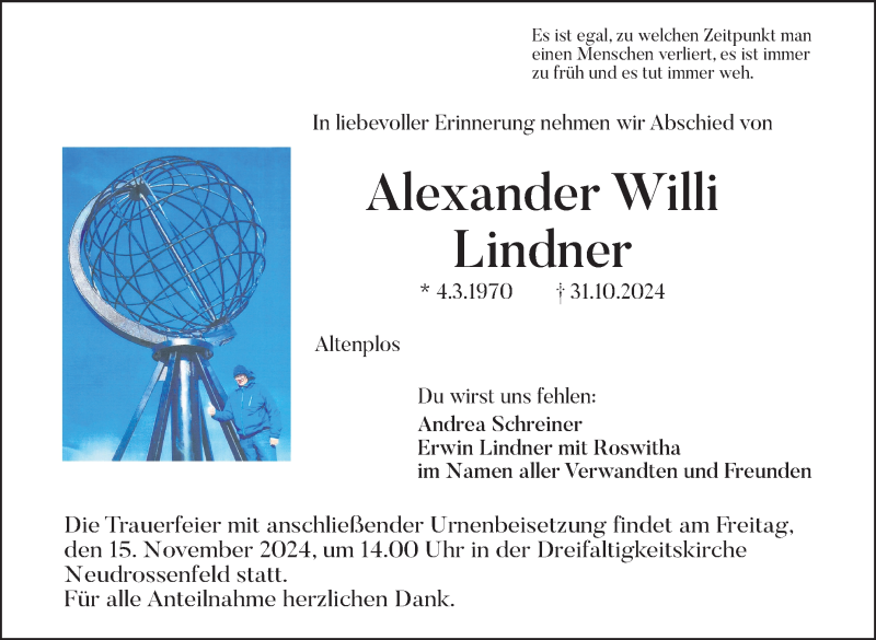  Traueranzeige für Alexander Willi Lindner vom 09.11.2024 aus Nordbayerischer Kurier