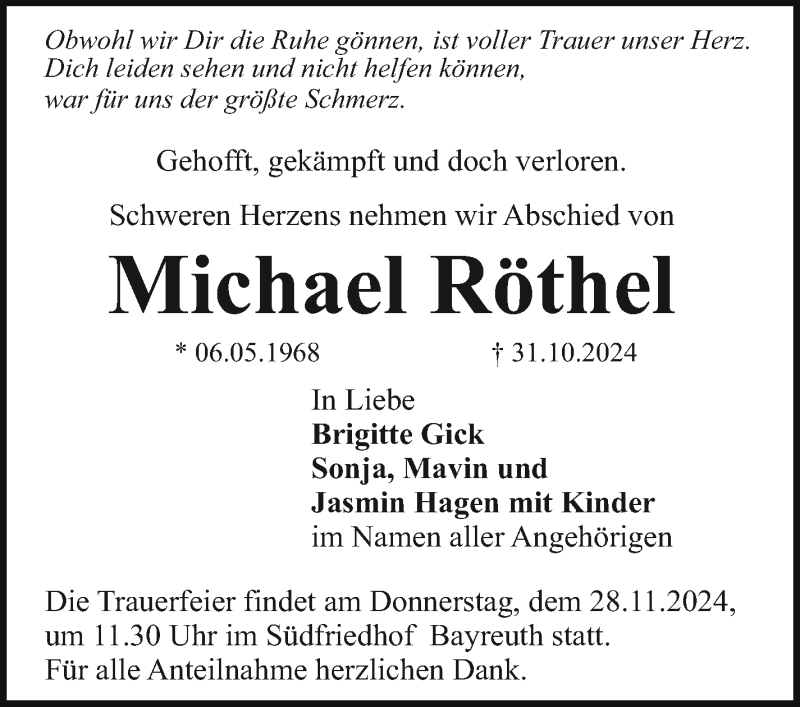  Traueranzeige für Michael Röthel vom 23.11.2024 aus Nordbayerischer Kurier