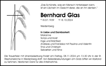 Anzeige von Bernhard Glas von Nordbayerischer Kurier