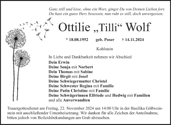 Anzeige von Ottilie Wolf von Nordbayerischer Kurier