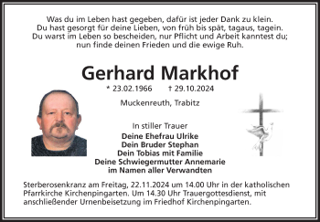 Anzeige von Gerhard Markhof von Nordbayerischer Kurier