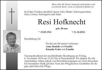 Anzeige von Resi Hofknecht von Nordbayerischer Kurier