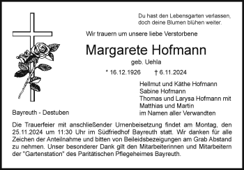 Anzeige von Margarete Hofmann von Nordbayerischer Kurier