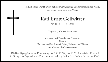 Anzeige von Karl Ernst Gollwitzer von Nordbayerischer Kurier