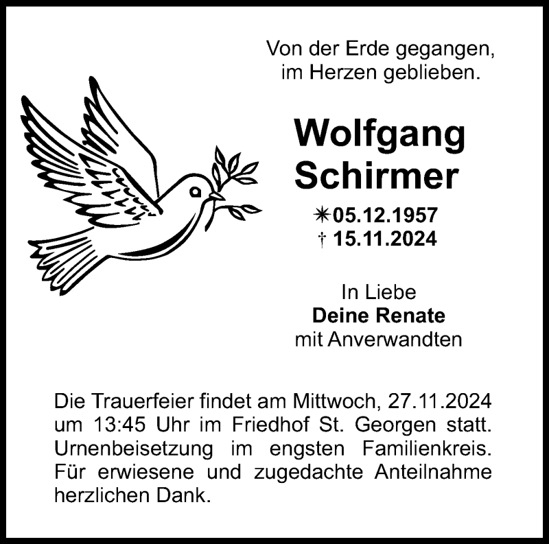  Traueranzeige für Wolfgang Schirmer vom 23.11.2024 aus Nordbayerischer Kurier