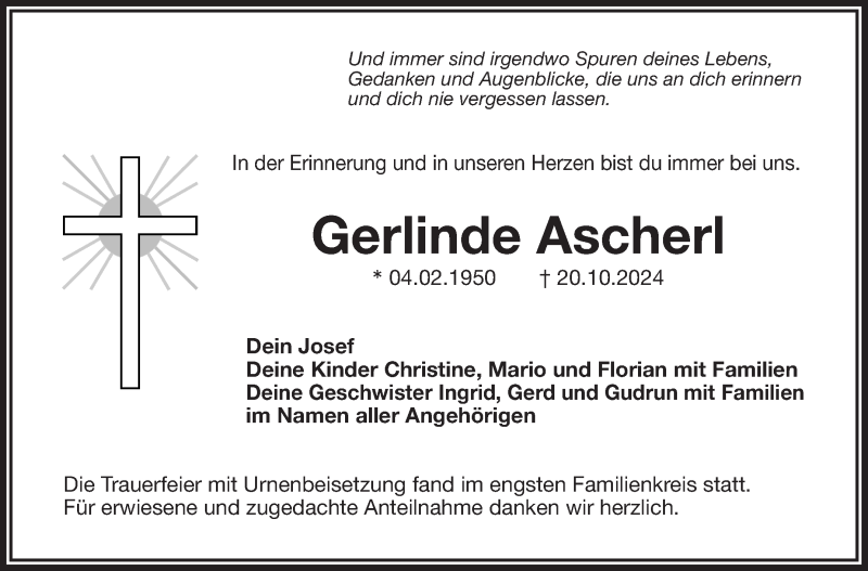  Traueranzeige für Gerlinde Ascherl vom 16.11.2024 aus Nordbayerischer Kurier