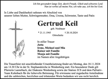 Anzeige von Gertrud Keil von Nordbayerischer Kurier