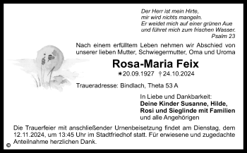 Anzeige von Rosa-Maria Feix von Nordbayerischer Kurier