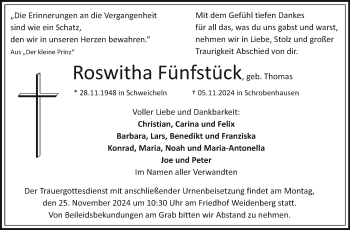 Anzeige von Roswitha Fünfstück von Nordbayerischer Kurier