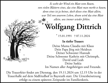 Anzeige von Wolfgang Dittrich von Nordbayerischer Kurier