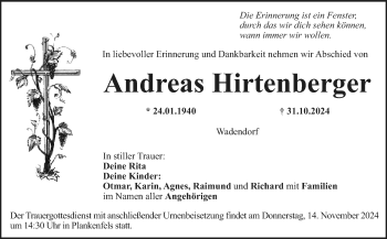 Anzeige von Andreas Hirtenberger von Nordbayerischer Kurier